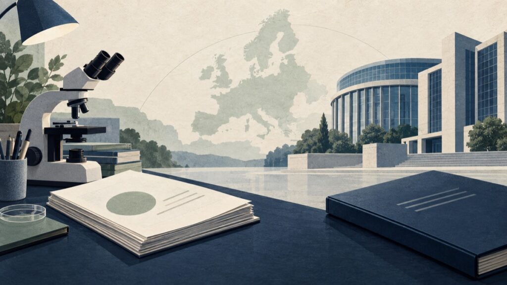 Illustration d’un dossier scientifique, d’un microscope et d’une institution européenne, pour distinguer avis EFSA et autorisation.