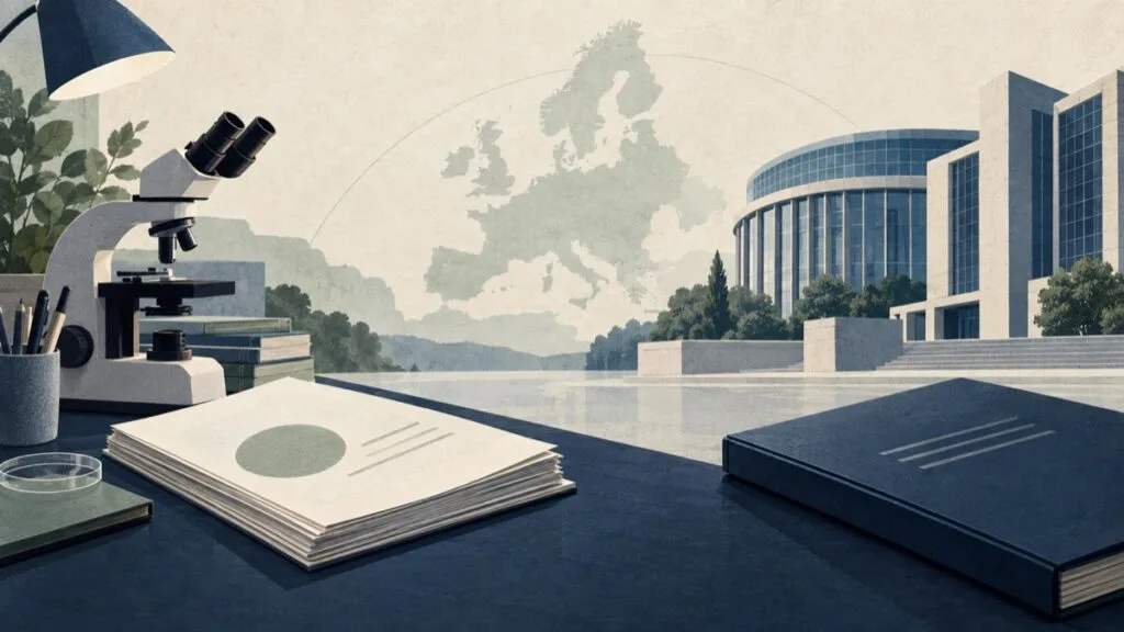 Illustration d’un dossier scientifique, d’un microscope et d’une institution européenne, pour distinguer avis EFSA et autorisation.