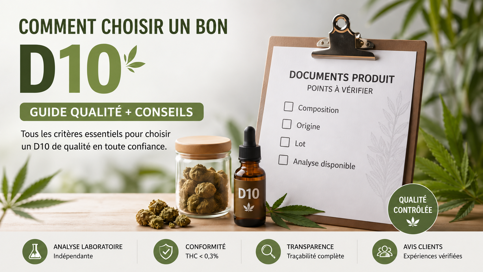 Choisir un D10 — Guide qualité et documents Fleurs, flacon D10 et checklist des documents produit sur un bureau.