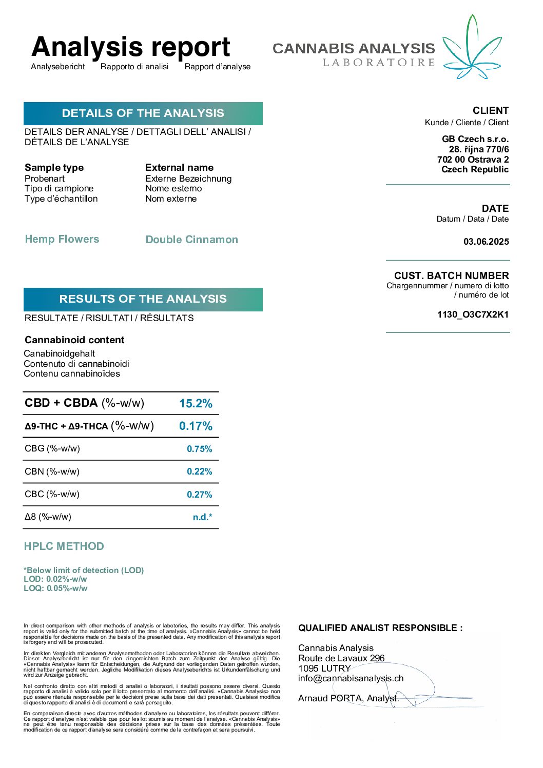 Certificat d’analyse Double Cinnamon CBD, lot 1130_O3C7X2K1, du 3 juin 2025