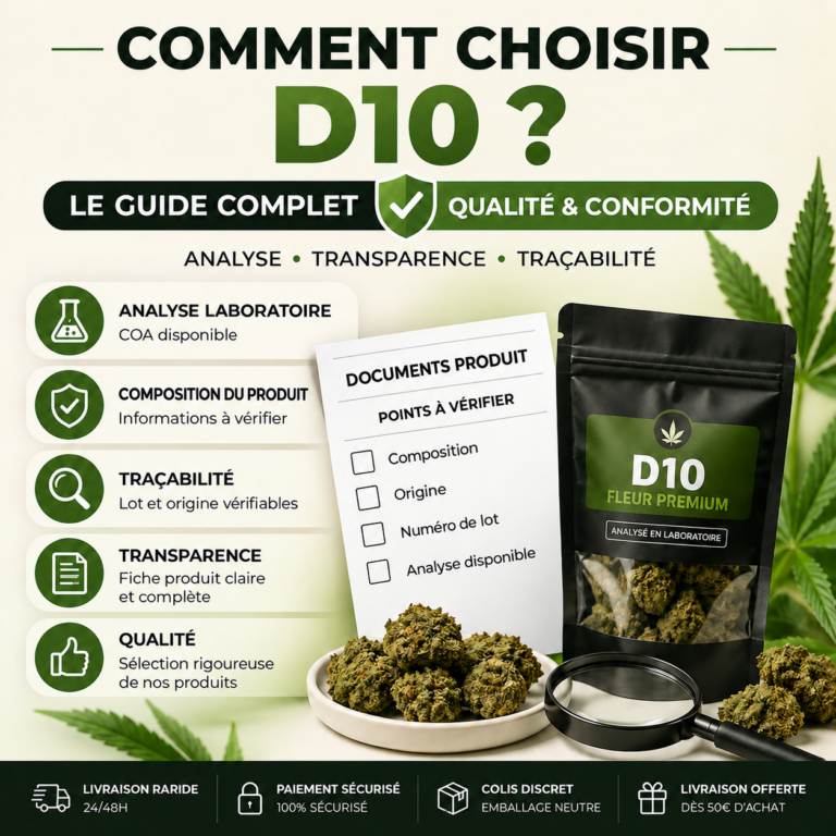 Sachet D10, fleurs de chanvre et liste des documents à vérifier pour choisir un produit
