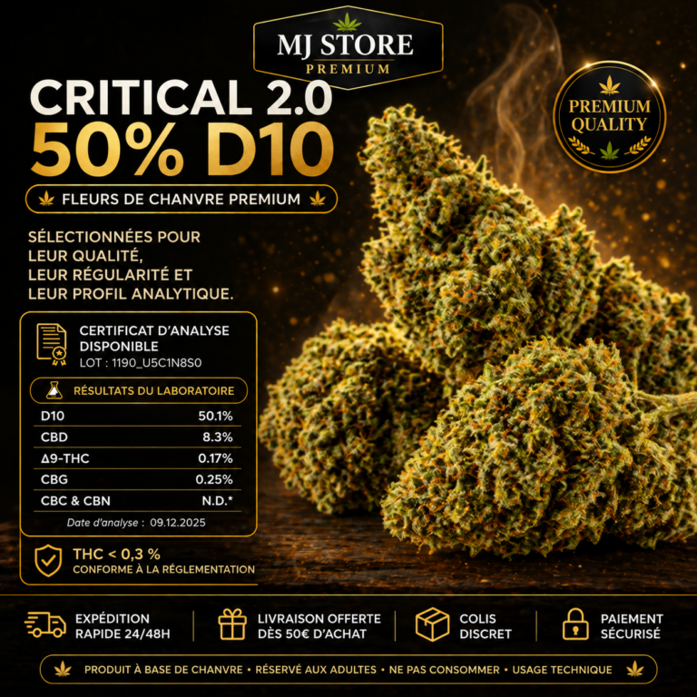 Fleurs Critical 2.0 D10 50 % sur fond noir et doré