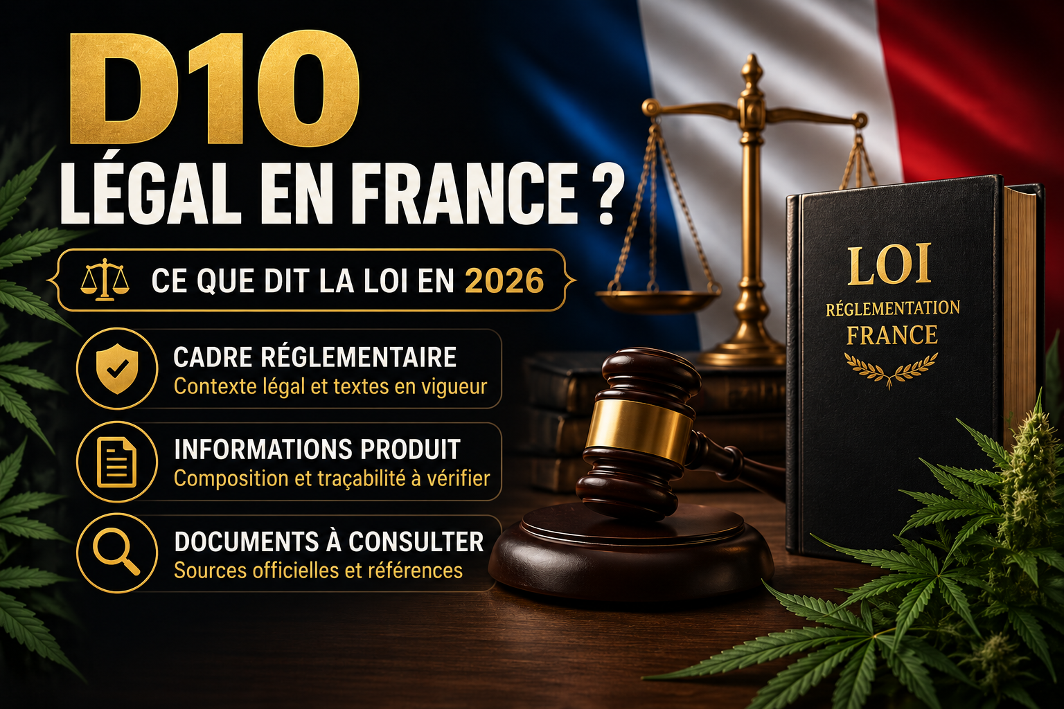 Illustration du cadre légal du D10 en France avec drapeau français, balance, marteau de justice et livre.