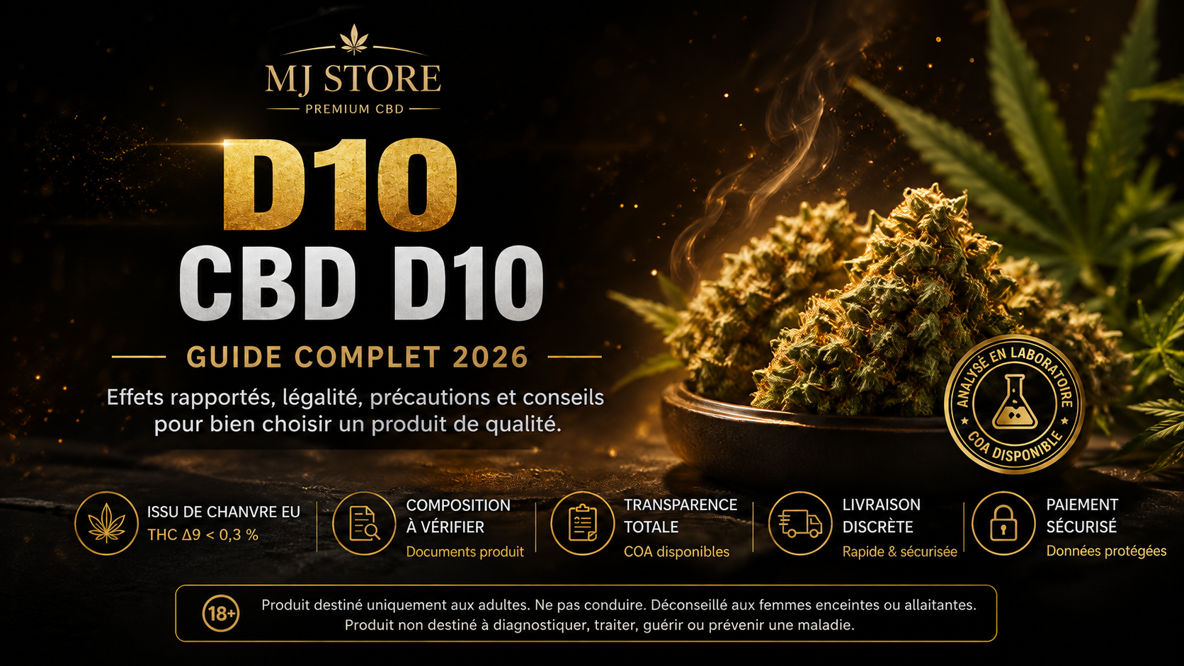 D10 et CBD D10 : guide 2026 – Illustration paysage Guide D10 et CBD D10 avec fleurs de chanvre dans un bol et encadrés d’information