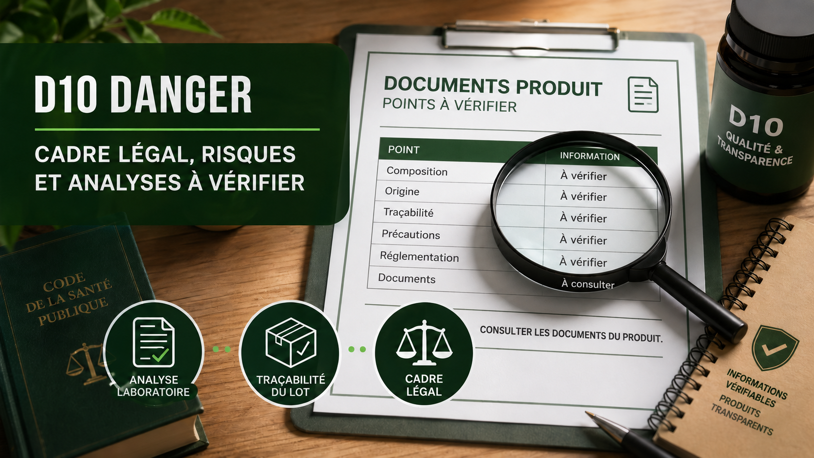 Illustration D10 danger avec loupe sur une checklist de documents produit et livre de droit