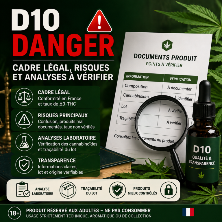 Flacon D10 et loupe devant une liste de documents à vérifier, sous le titre D10 danger