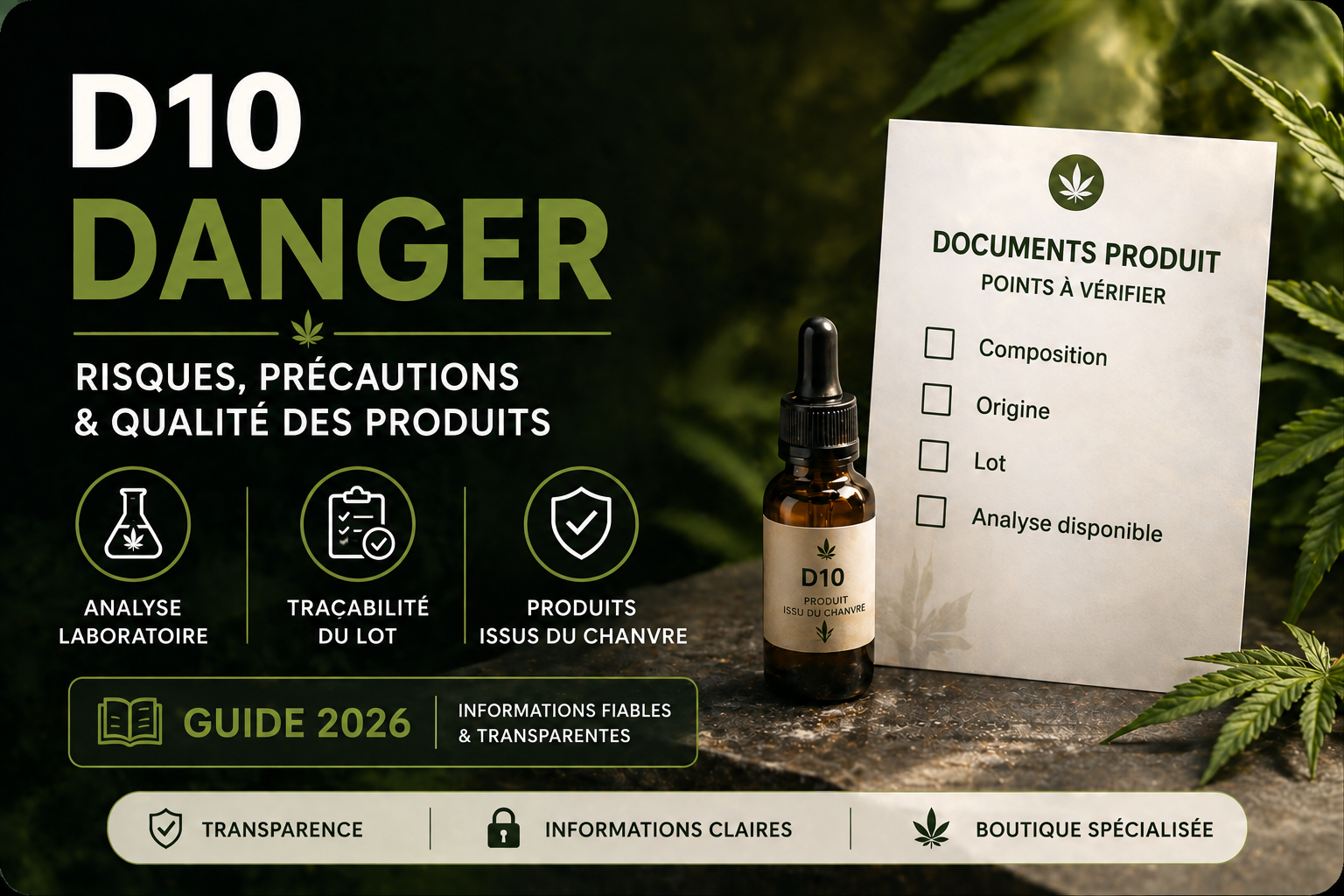 Flacon D10 et checklist des documents produit sur fond sombre.