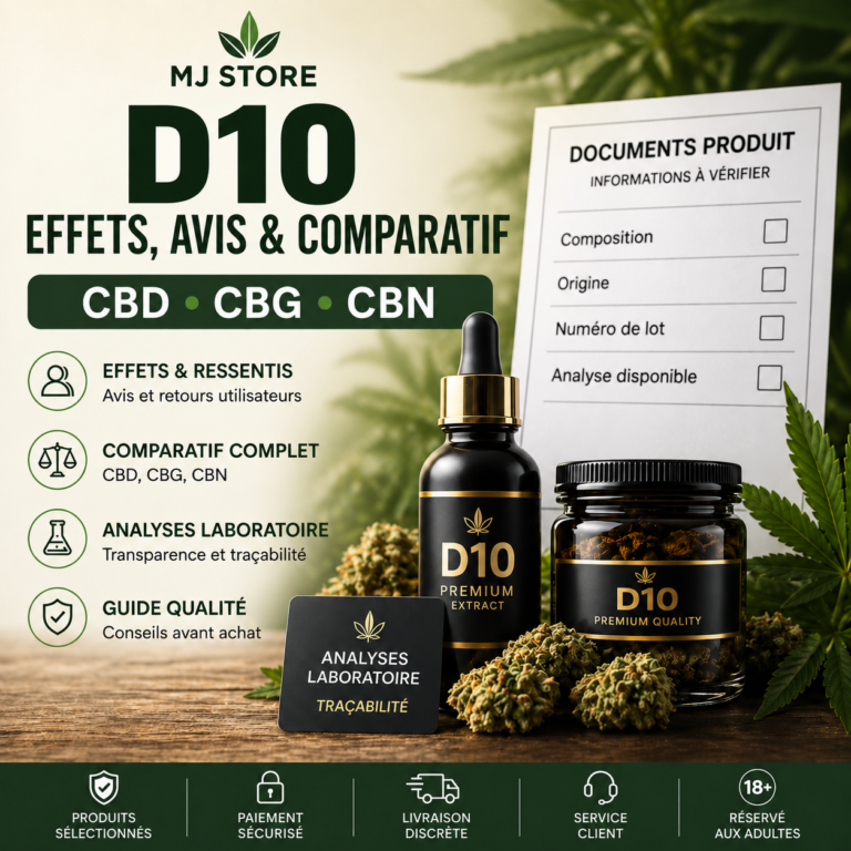 Flacon et pot D10 devant une liste de documents produit, avec le titre Effets, avis et comparatif