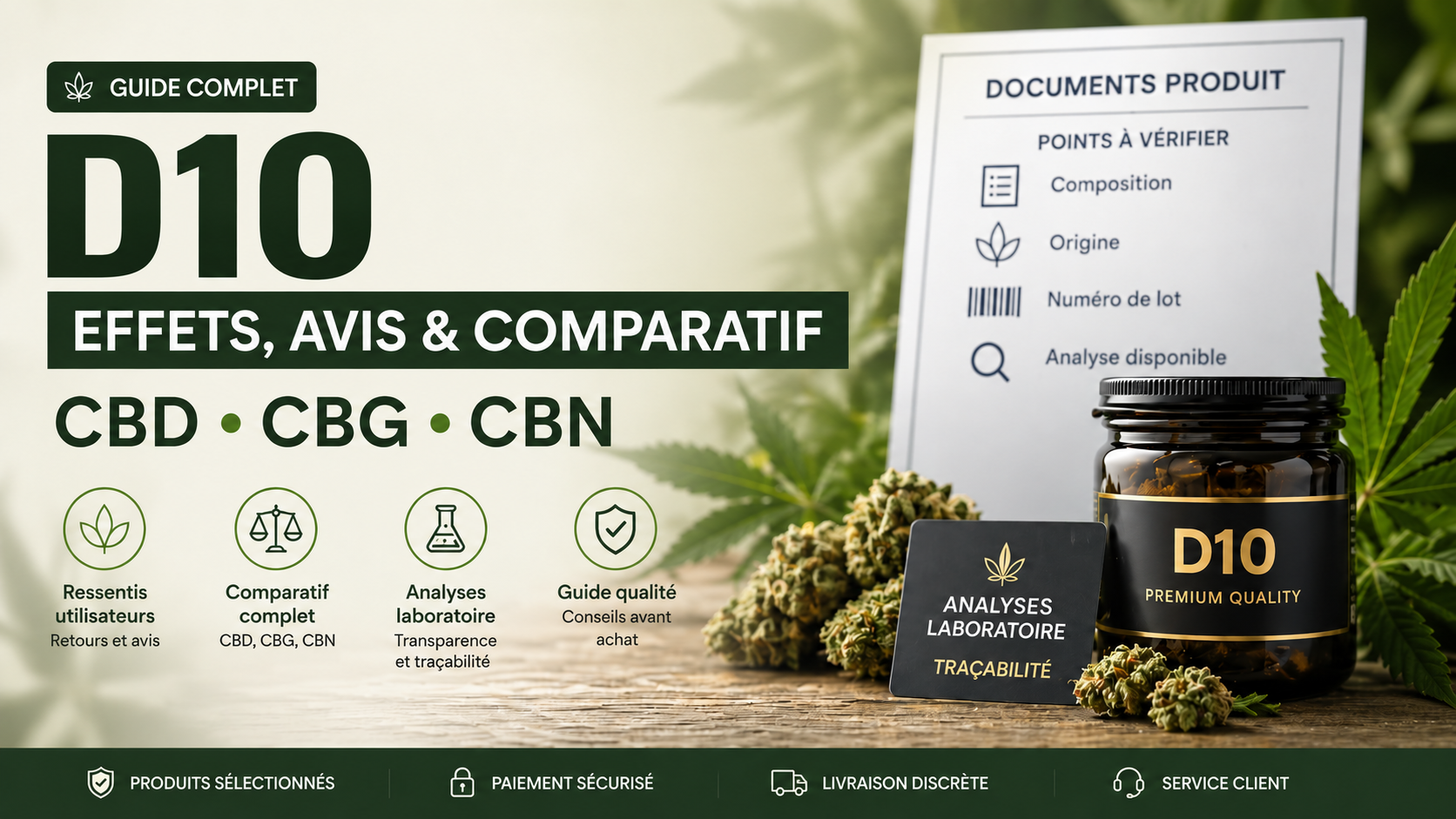 Illustration du guide D10 avec un pot, des fleurs et une liste de documents produit à vérifier.