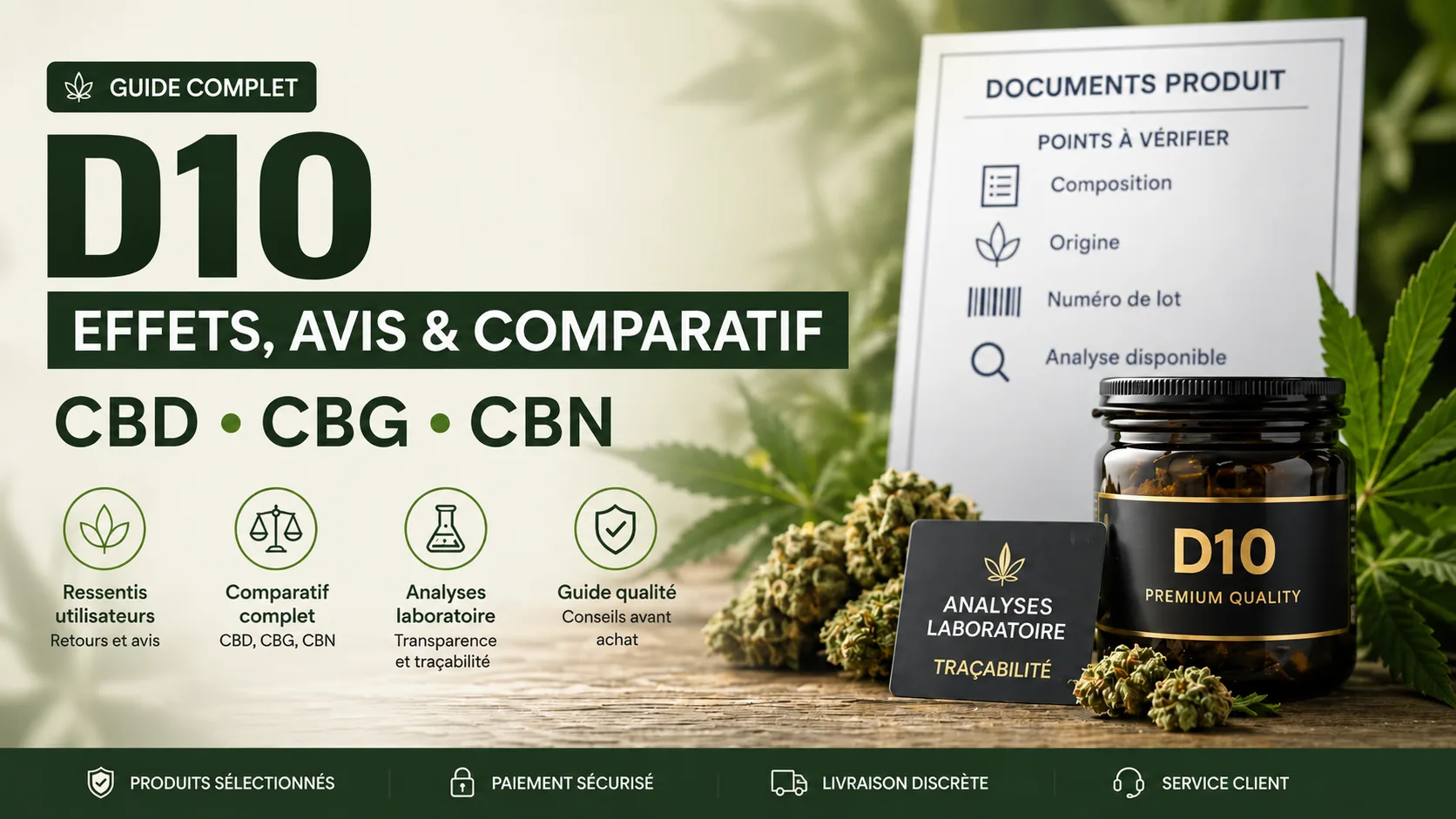 Illustration du guide D10 avec un pot, des fleurs et une liste de documents produit à vérifier.