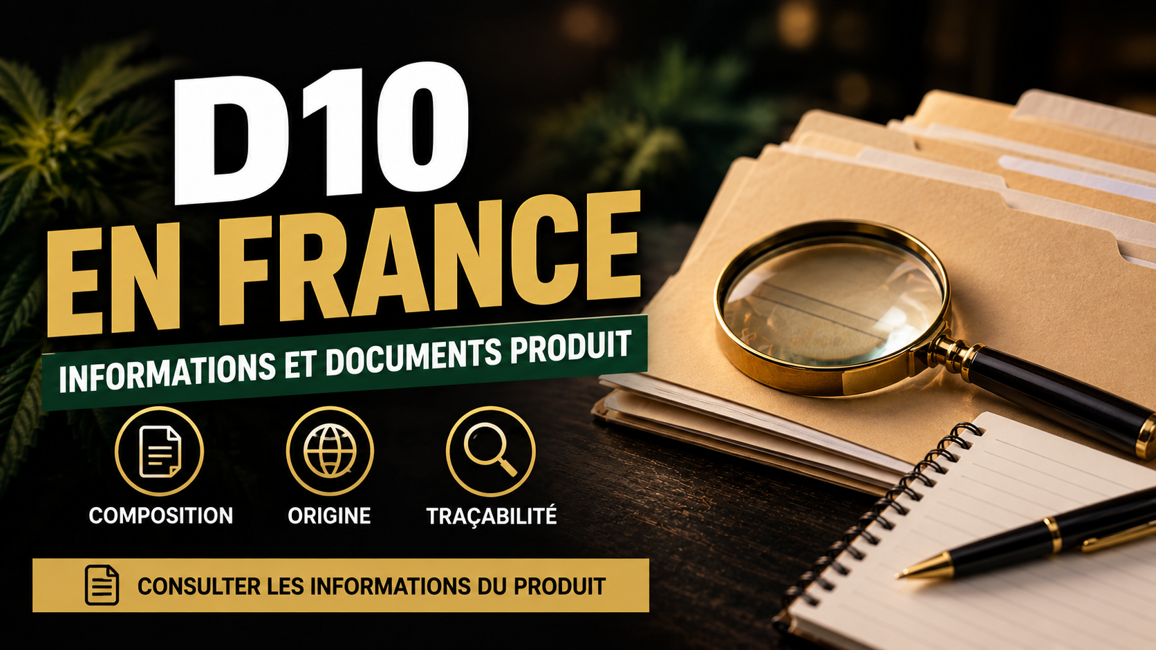 Dossiers, carnet et loupe dans une illustration sur les informations produit D10 en France.
