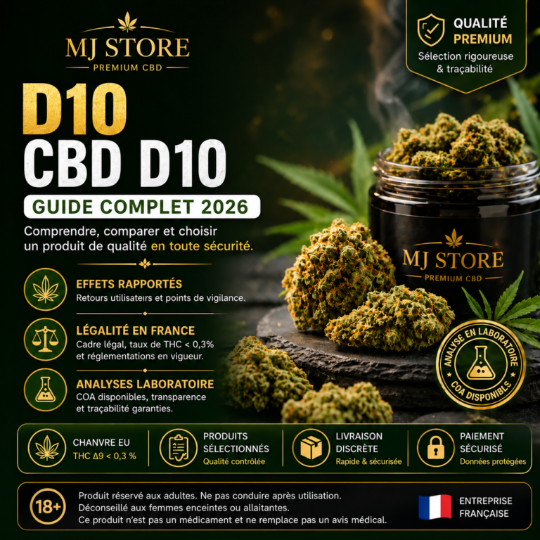 Fleurs et pot MJ Store dans un visuel noir et doré du guide D10 2026.
