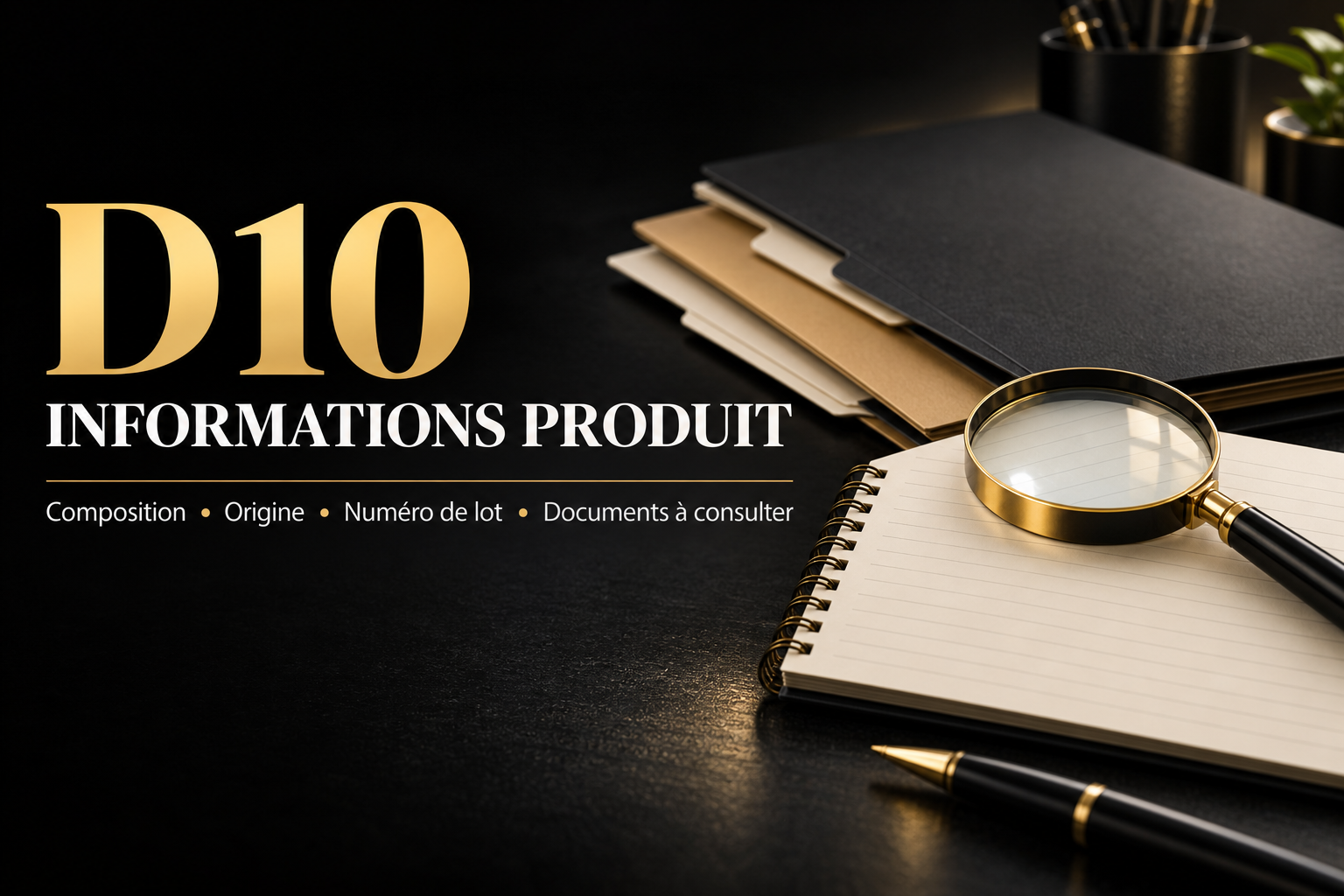 Carnet, dossiers et loupe dorée accompagnant le titre D10, informations produit.