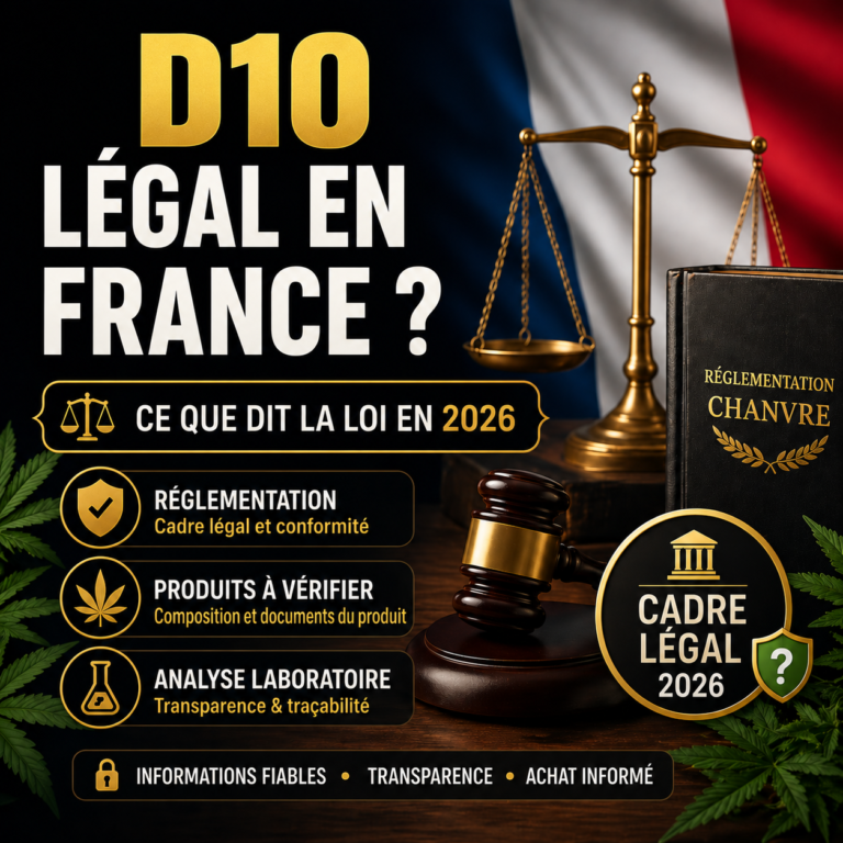 Guide D10 sur fond sombre avec balance, drapeau français, livre de droit et marteau