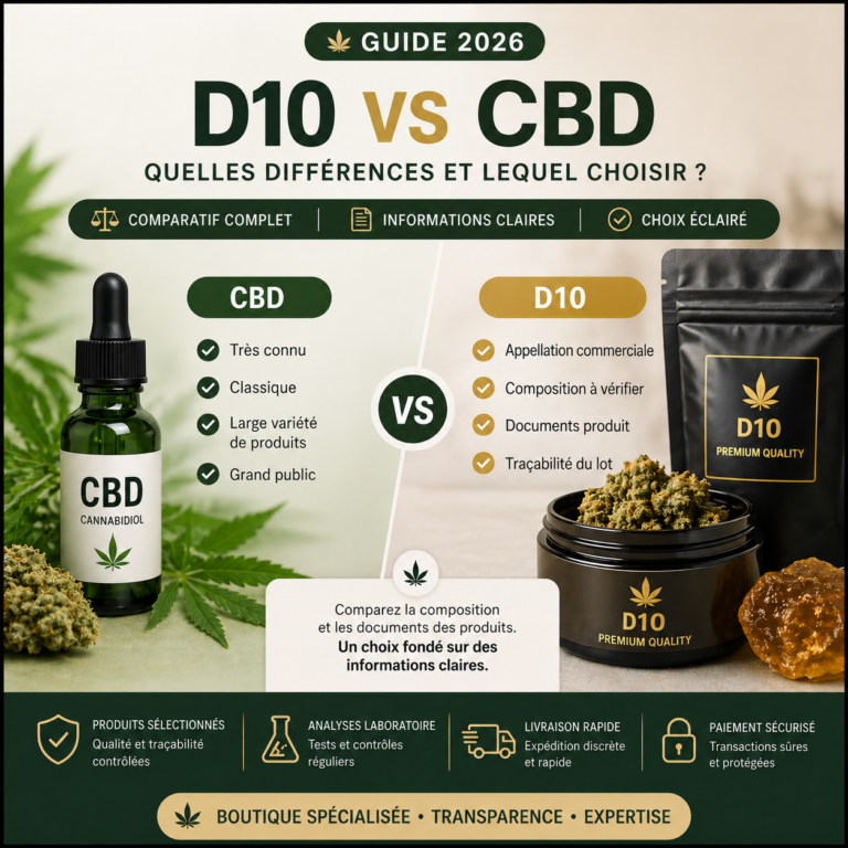 Comparatif visuel avec un flacon CBD à gauche et un sachet et un pot D10 à droite