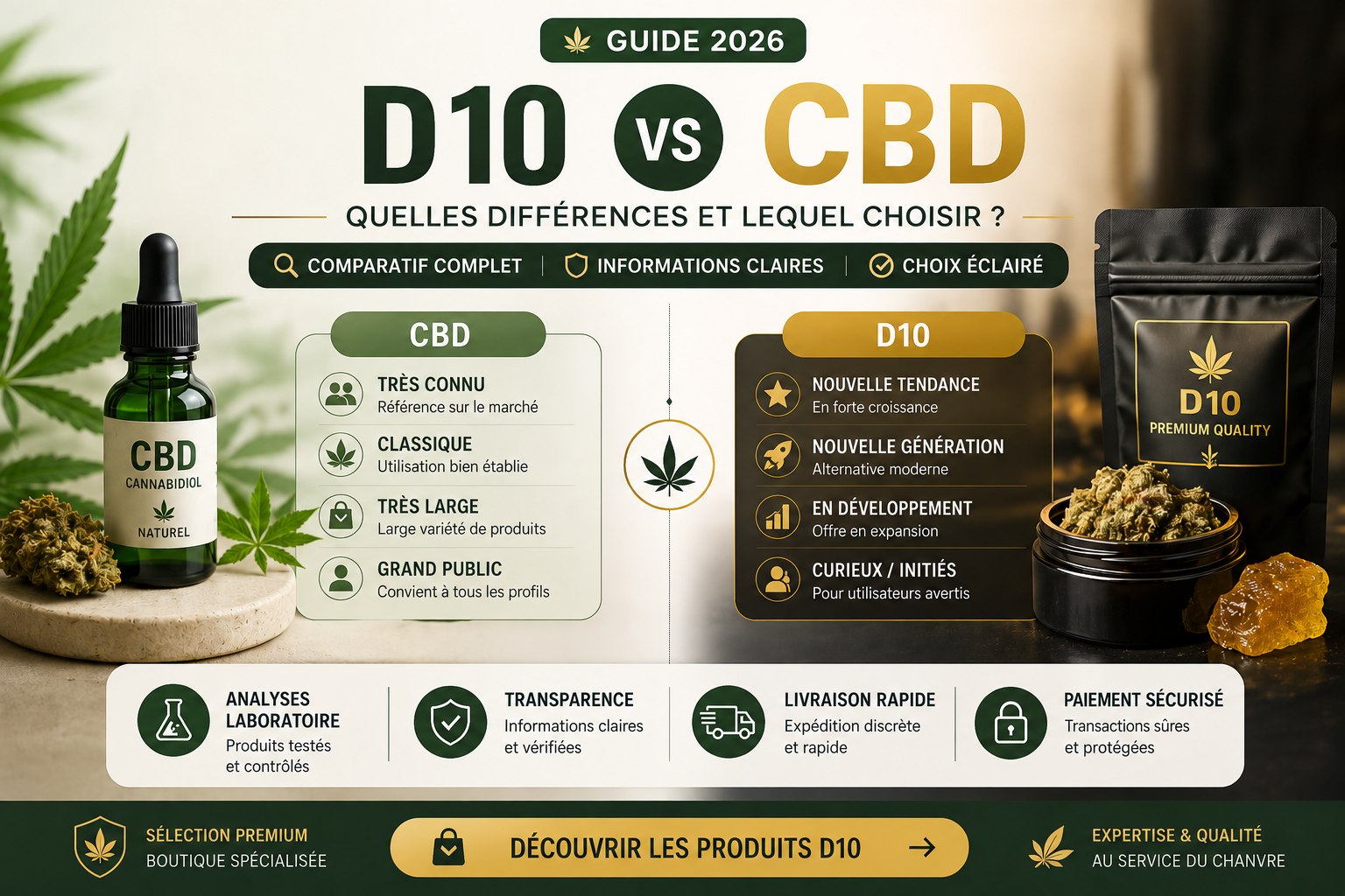 Comparatif D10 et CBD avec flacon, sachet, fleurs et résine.