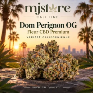 Visuel Dom Perignon OG CBD Cali Line : fleurs au premier plan, palmiers et paysage californien au soleil couchant