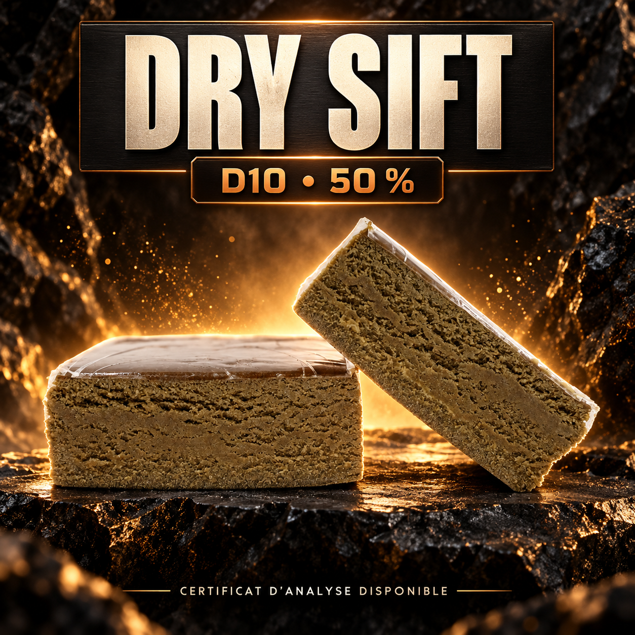 Dry Sift D10 50 % : deux blocs sur fond noir et ambre