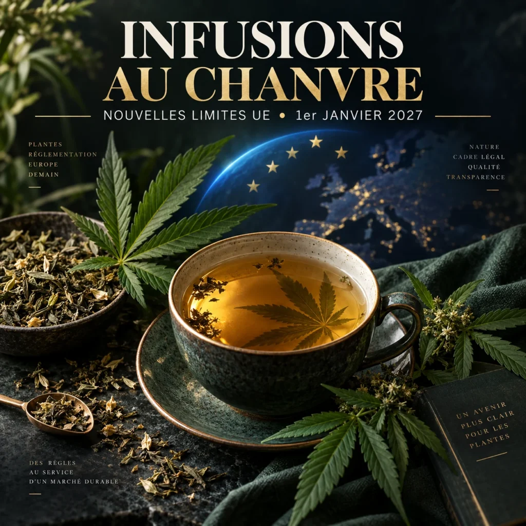 Tasse d’infusion au chanvre illustrant les nouvelles limites européennes de THC applicables en 2027
