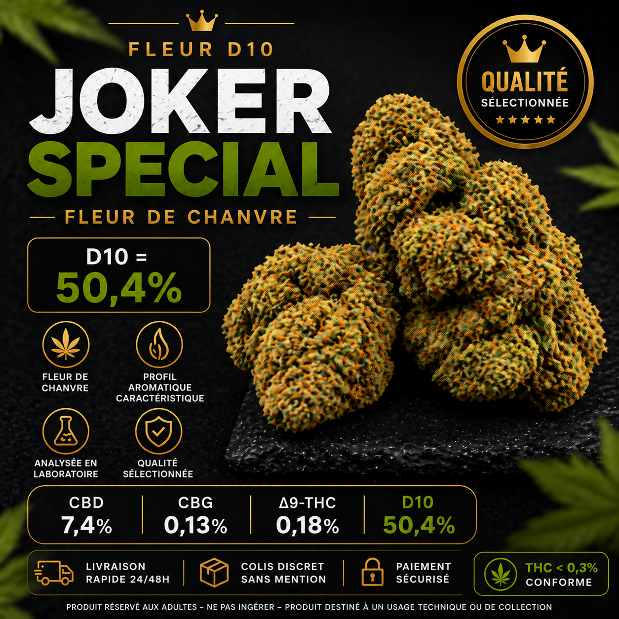 Fleurs Joker Special D10 50 % sur fond noir et vert