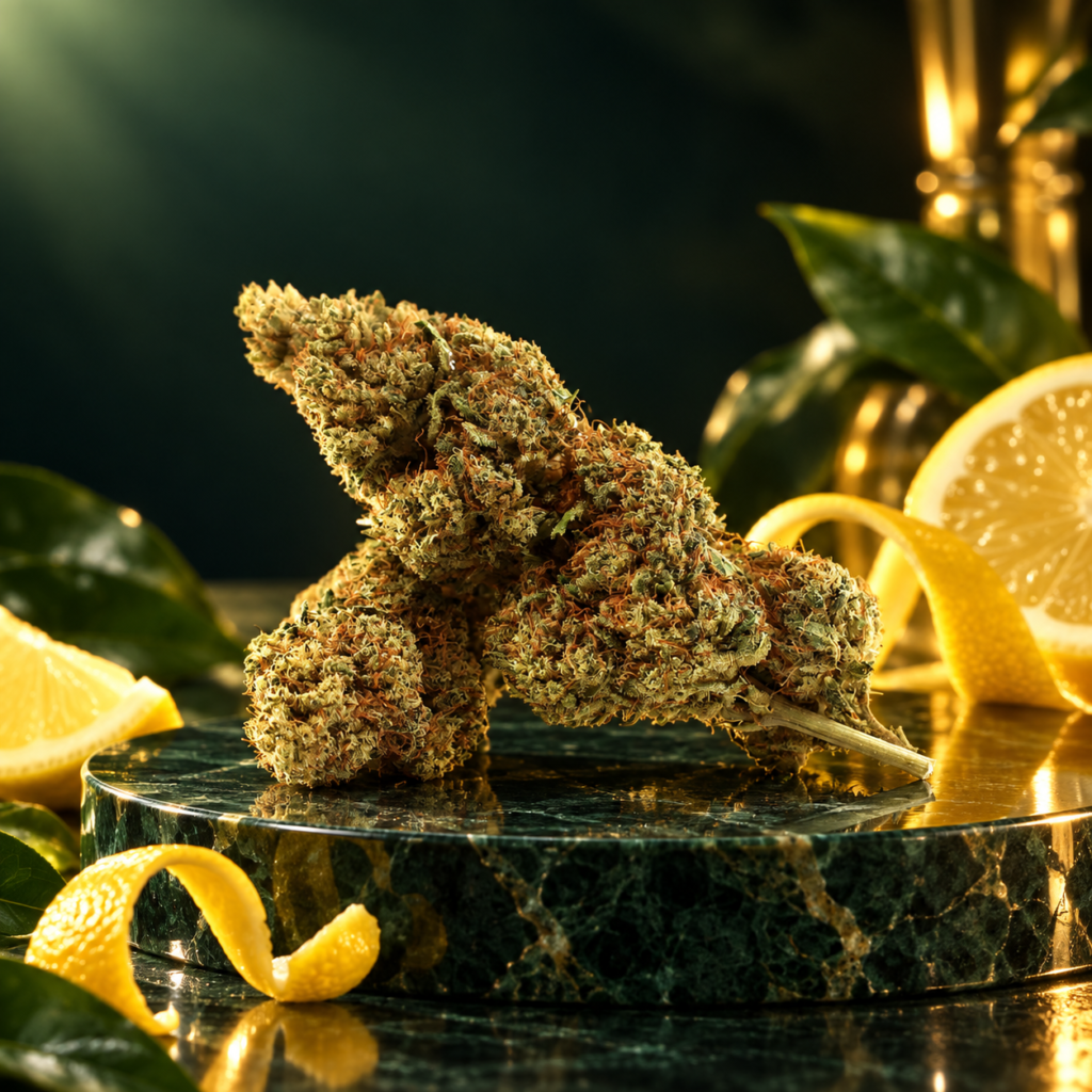 Fleur Limoncello CBD sur socle vert avec accents citronnés