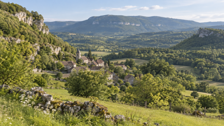 Illustration générée de collines et d’un village inspirés du Bugey