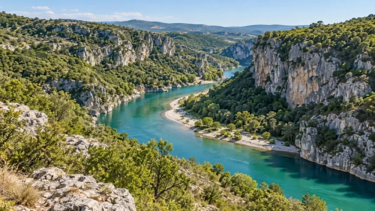 Illustration IA : une rivière turquoise entre falaises calcaires et boisements évoquant l’Ardèche