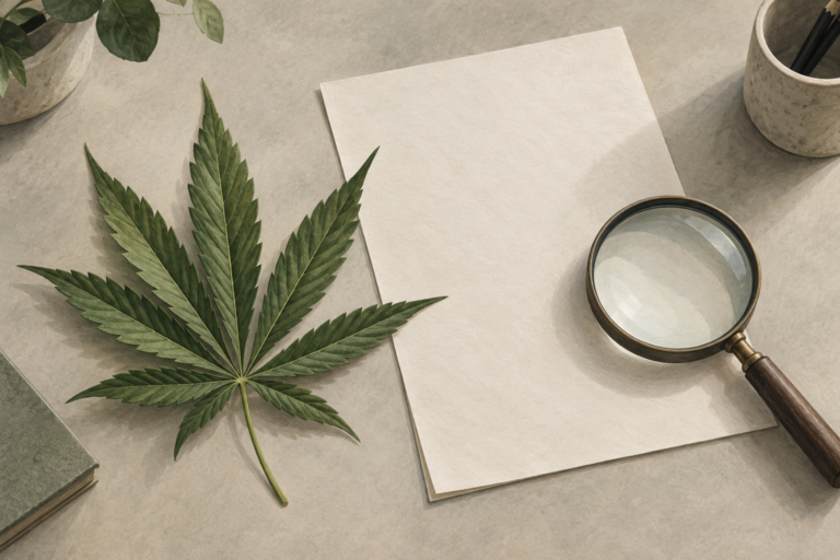 Illustration d’une feuille de chanvre, d’un document et d’une loupe.