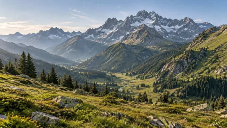 Illustration IA d’une vallée alpine et de sommets rocheux évoquant l’Isère