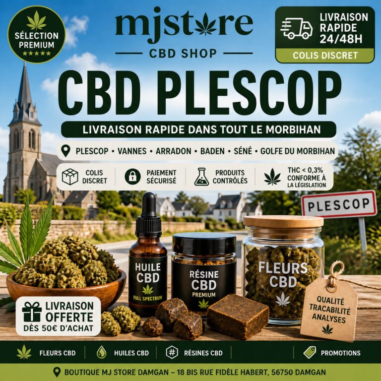 Illustration MJ Store : CBD plescop, fleurs, résines et huiles CBD