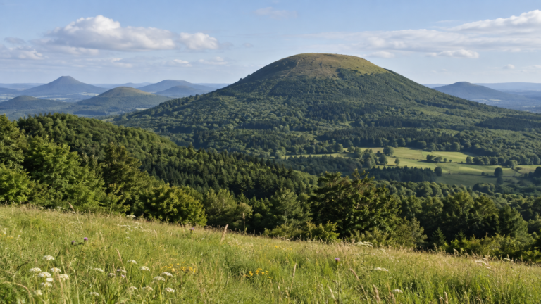 Illustration générée de reliefs volcaniques inspirés de l’Auvergne