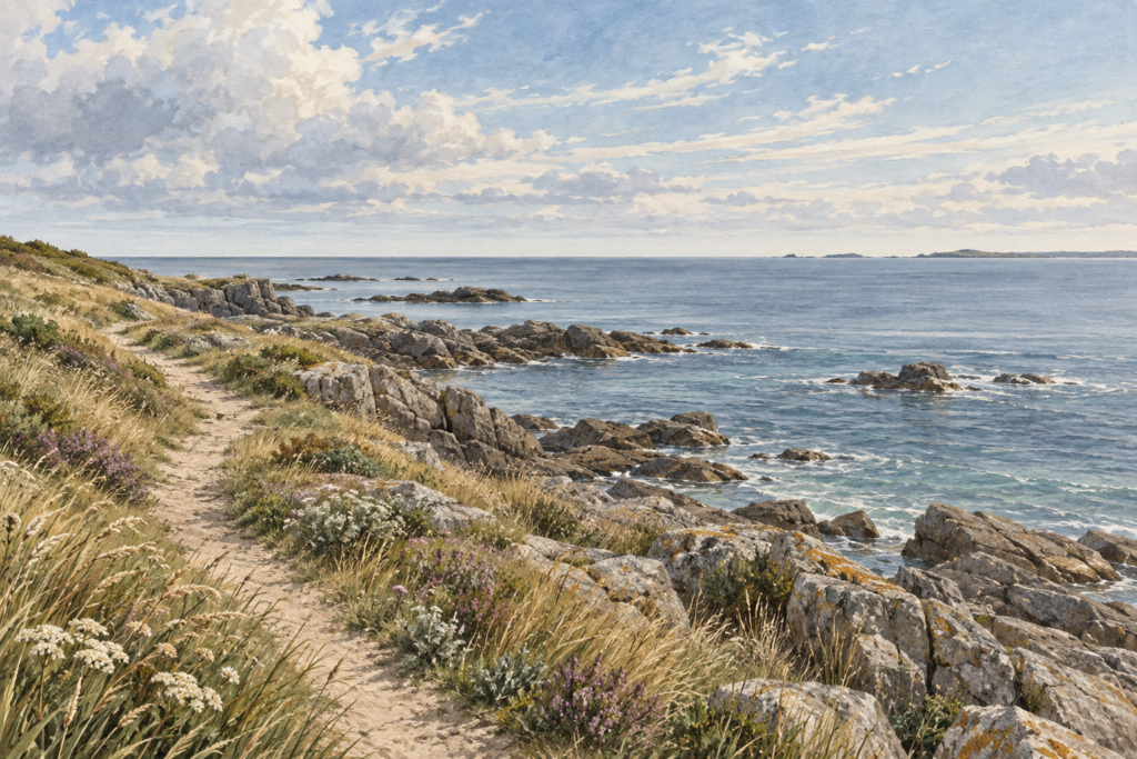Illustration d’un sentier côtier, de rochers et de la mer en Bretagne.