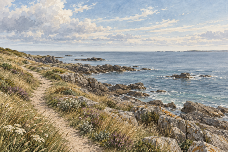 Illustration d’un sentier côtier, de rochers et de la mer en Bretagne.