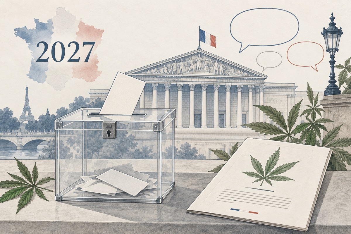 Illustration d’une urne, de l’Assemblée nationale et du chanvre pour le débat public de 2027