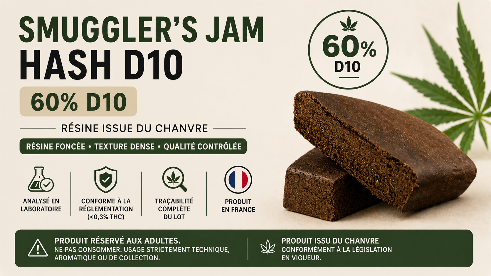 Résine Smuggler’s Jam sur fond clair avec titres HASH D10 et 60% D10