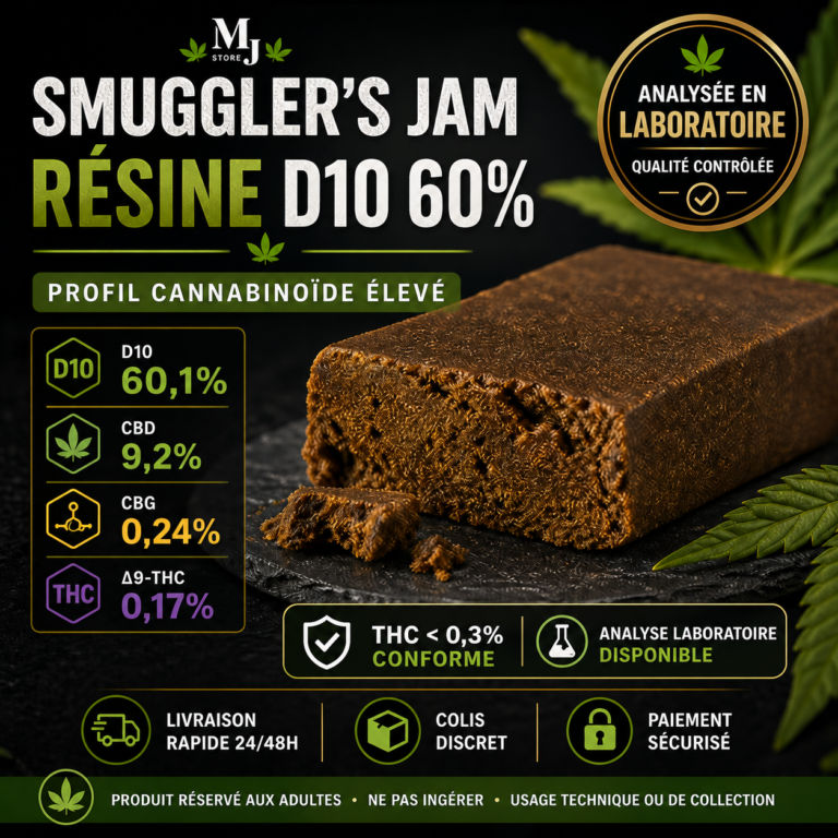 Blocs de résine Smuggler’s Jam D10 60 % sur fond noir et vert