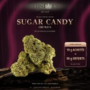 Fleurs Sugar Candy CBD 16,6 % sur fond rose sombre et noir, avec le logo MJ Store et l’offre 10 g achetés = 10 g offerts.