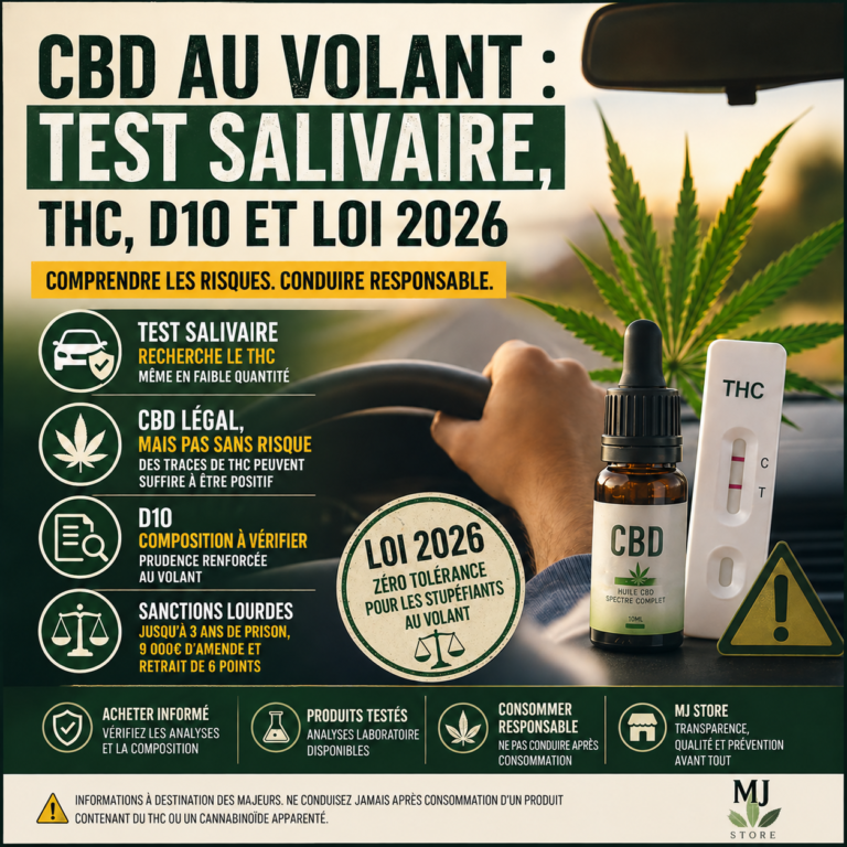 Illustration CBD au volant avec un conducteur, un flacon CBD et un test salivaire THC