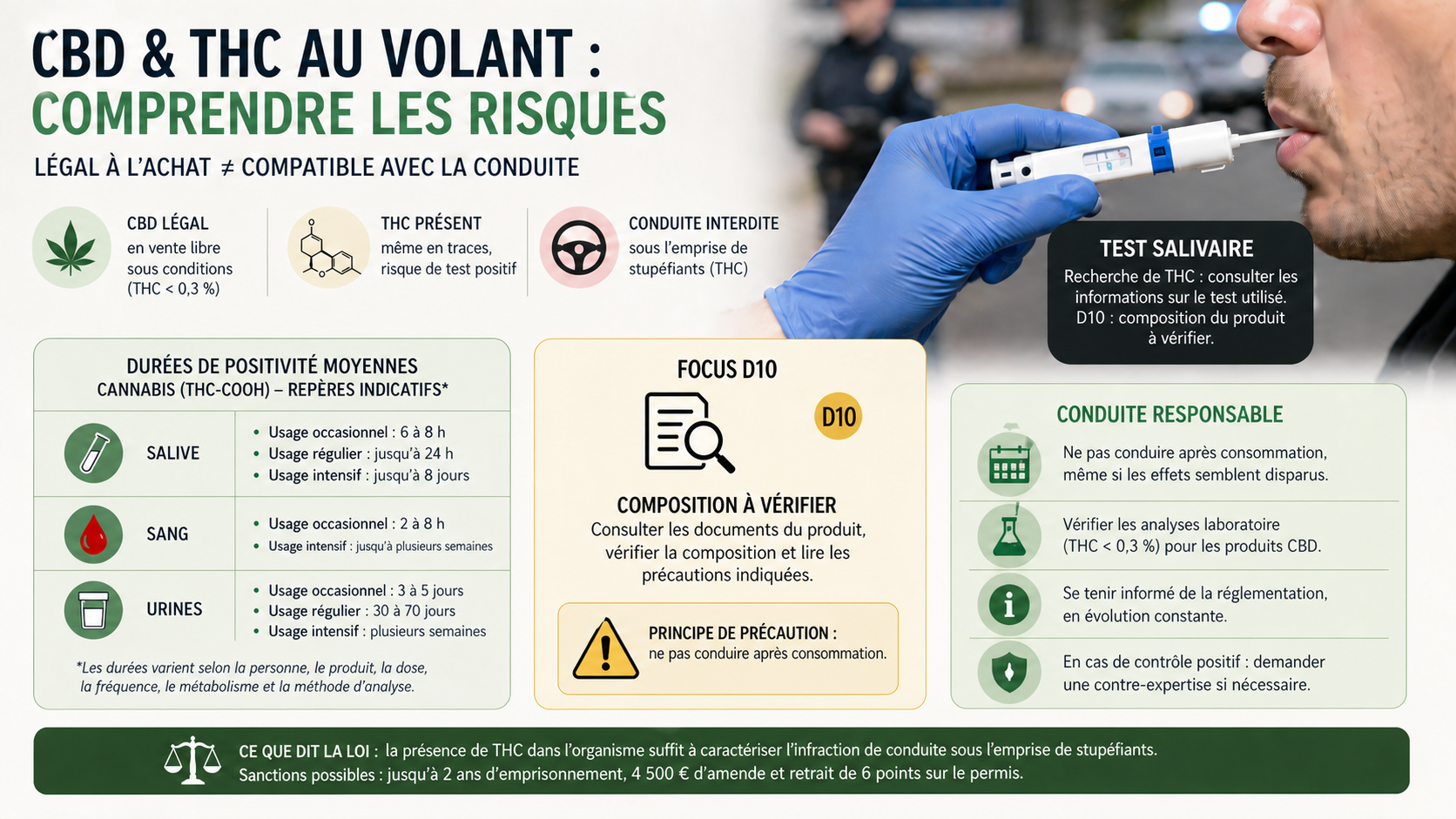Infographie sur les tests salivaires avec tableau des durées et encadré D10 composition à vérifier