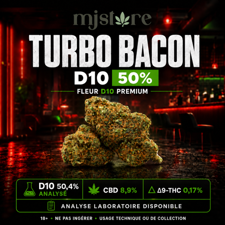 Fleurs Turbo Bacon D10 50 % devant un décor rouge et noir