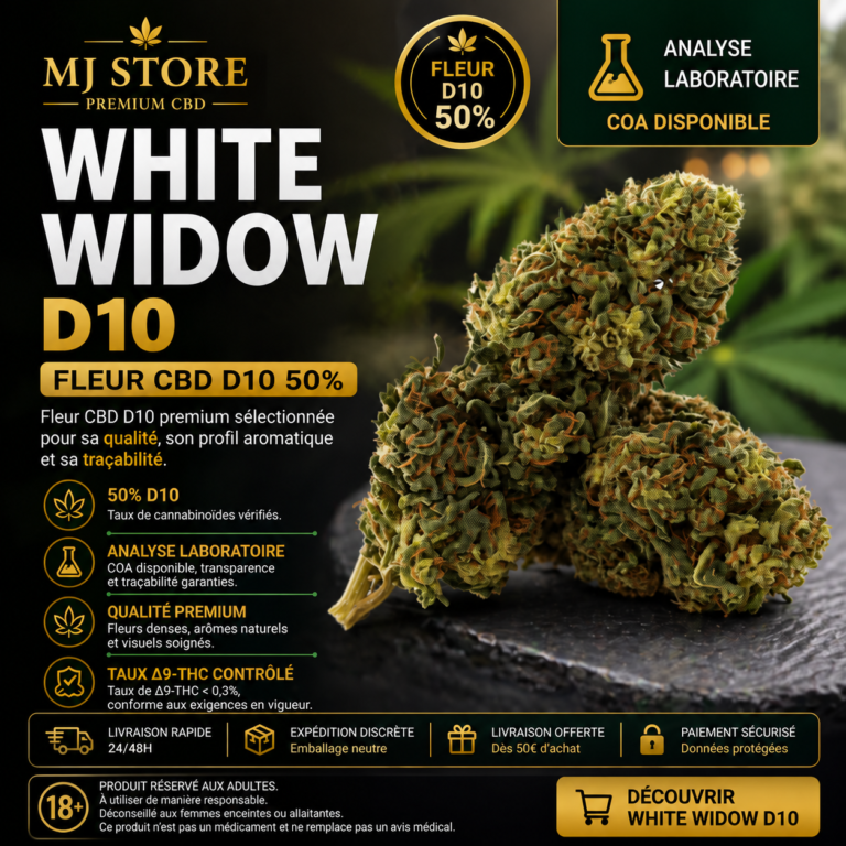 Fleurs White Widow sur ardoise avec présentation D10 en noir et or.