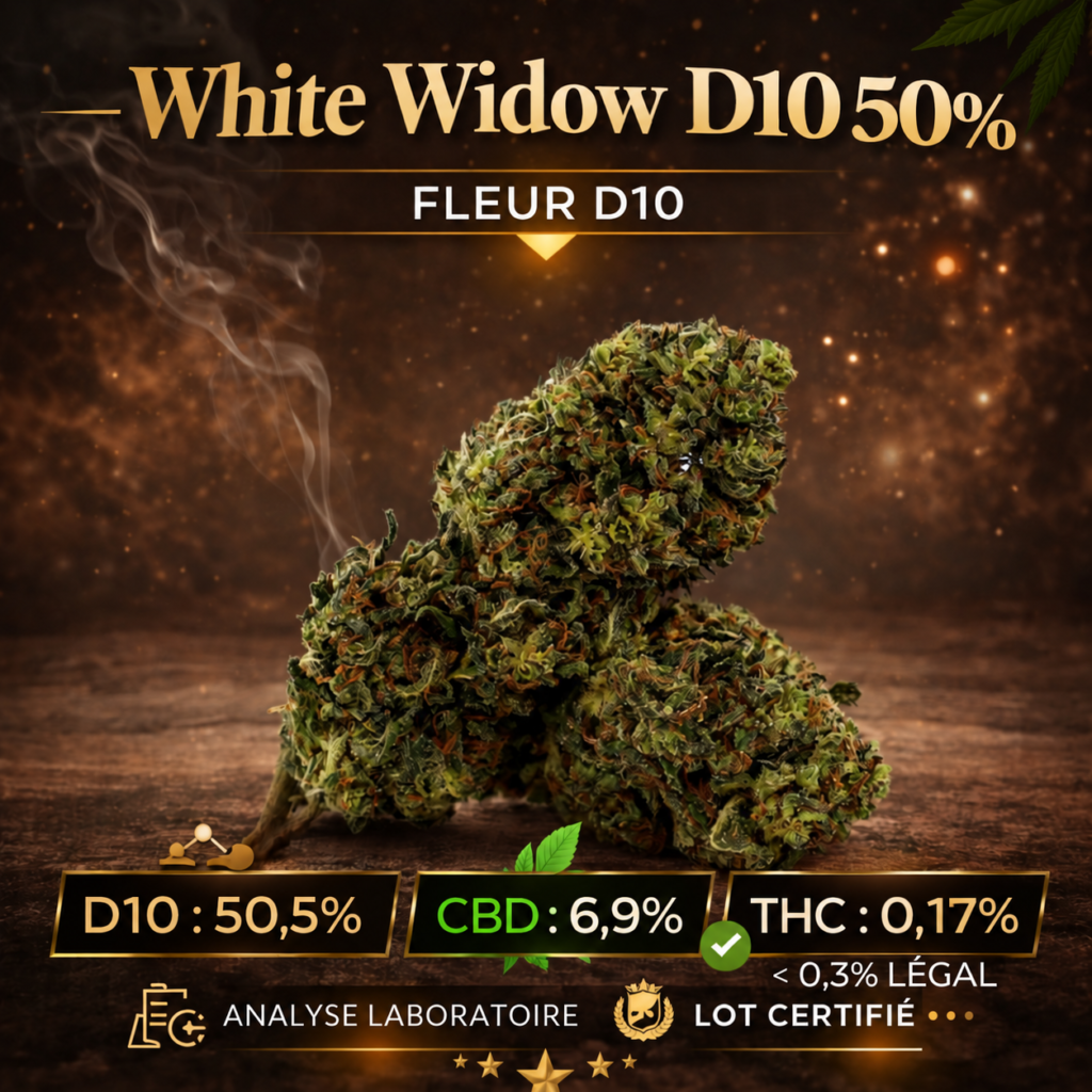 Fleur White Widow D10 50 % sur un fond brun et doré