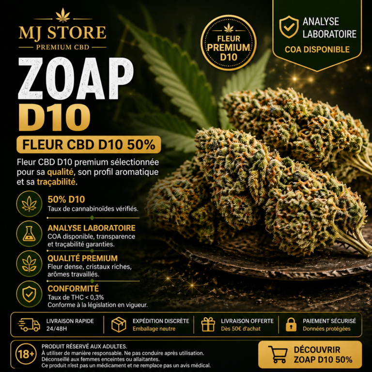 Fleurs Zoap sur ardoise et présentation D10 sur fond noir et doré.