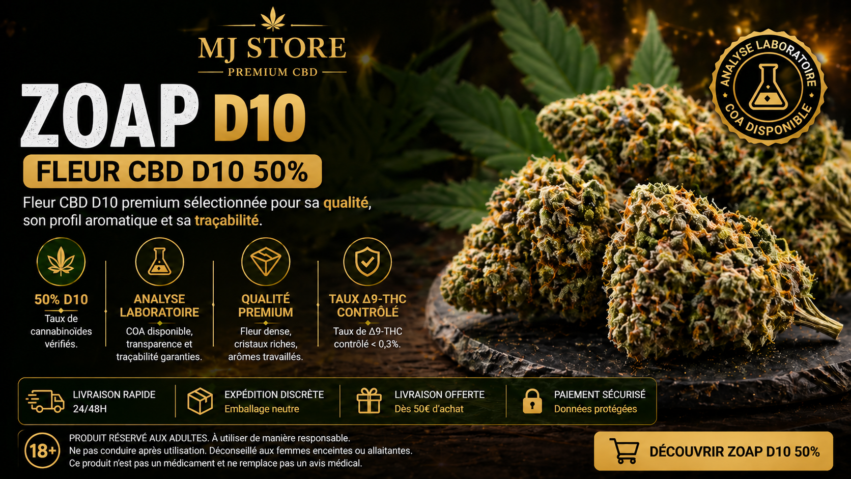 Fleurs Zoap sur une ardoise avec présentation D10 50 %.