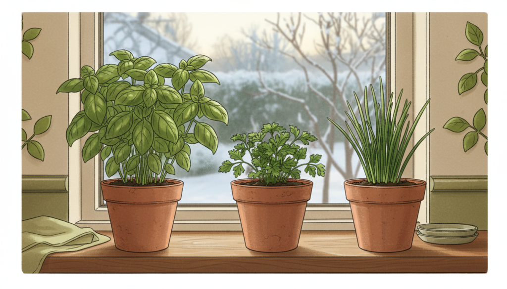 Pots séparés de basilic, persil et ciboulette près d’une fenêtre lumineuse en hiver.