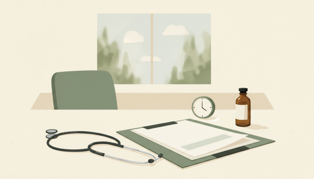 Stéthoscope, dossier de consultation et flacon non marqué sur un bureau.