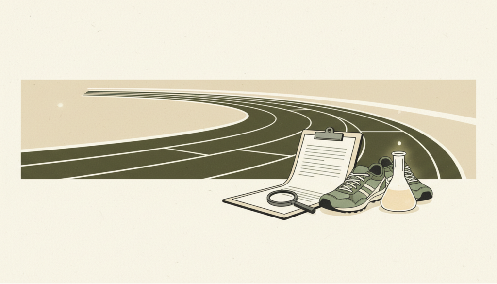 Illustration d’une piste de course, de chaussures et de documents de contrôle, sans produit ni label d’approbation.