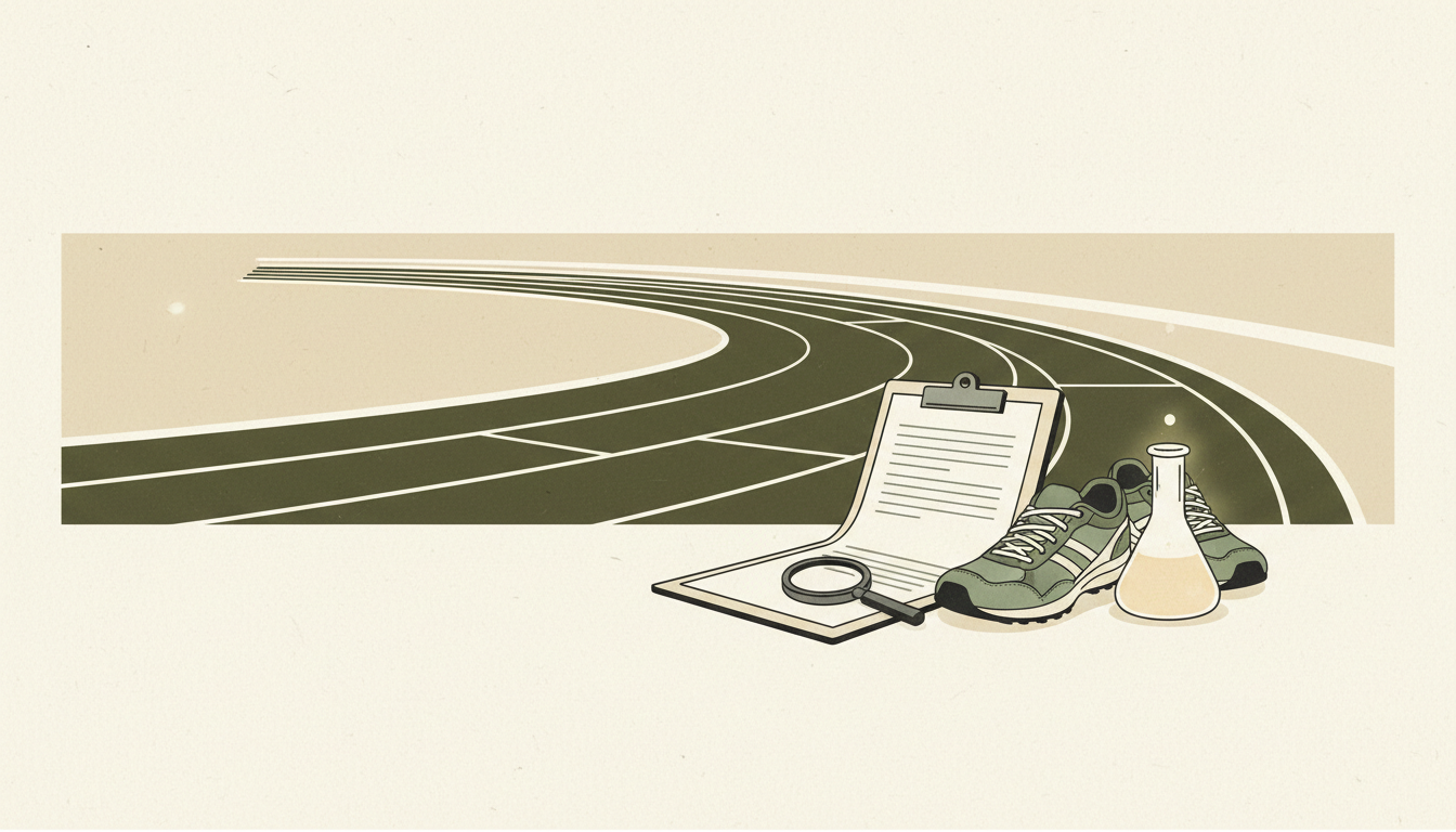 Piste de course, chaussures et documents illustrant les contrôles antidopage.