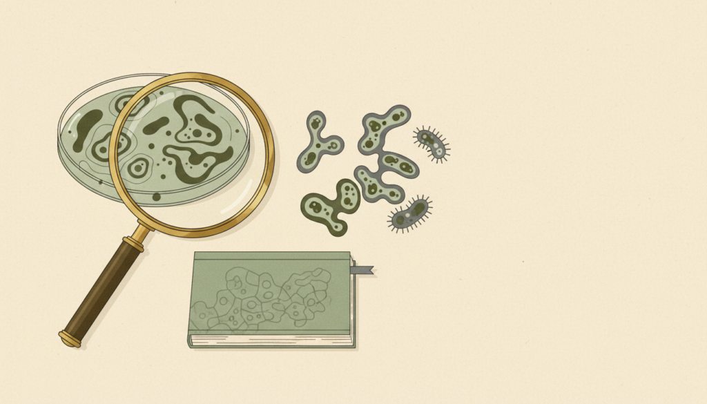 Boîte de culture, loupe et bactéries stylisées évoquant une recherche antibactérienne.