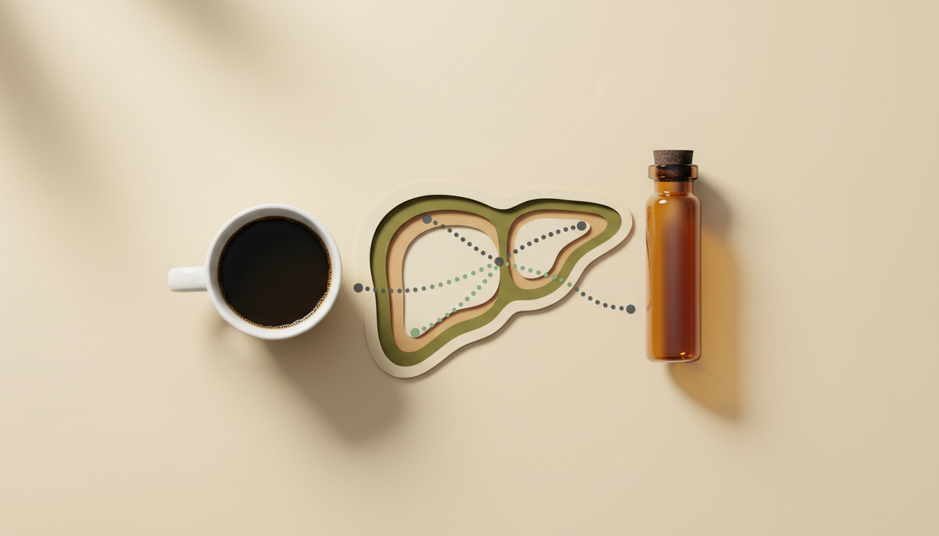 Tasse de café, flacon fermé et foie stylisé pour évoquer les interactions entre CBD et caféine.
